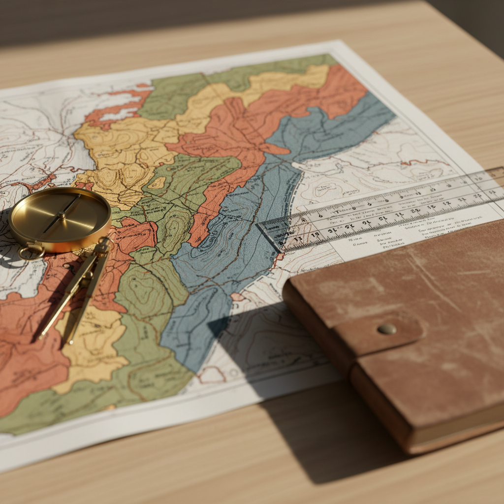 A close-up, photographic realism image of a textured geological map spread across a smooth, light-wood table, its surface filled with crisp, color-coded units, faults, and contour lines. A precision metal compass, a transparent plastic ruler with engraved scale, and a rugged field notebook with a worn cover are arranged around the map, all immaculately clean. Gentle, diffused daylight filters from the top right, revealing fine paper fibers and ink details while casting soft, academic shadows. Shot from a slightly elevated angle with shallow depth of field that keeps the central map area sharp and edges softly blurred, the composition feels scholarly and approachable, embodying careful geoscience analysis made understandable for a broad audience.