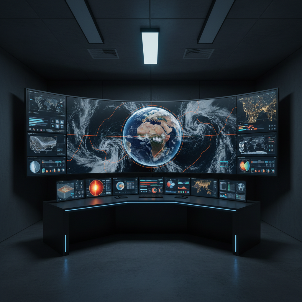 A photographic realism scene of a large, curved digital screen displaying a vibrant 3D Earth covered with animated weather systems, tectonic plate boundaries, and glowing city lights. The globe appears to float in a dark, minimalist control room with matte black surfaces and subtle blue LED accents along the desk edges. Multiple smaller, ultra-thin monitors show zoomed-in maps, cross-sections of Earth’s interior, and colorful geospatial dashboards. Cool, focused artificial lighting from overhead panels creates a dramatic yet clean atmosphere, with reflections on the glossy screen surfaces. Captured at eye level with the globe centered using rule-of-thirds framing, the mood is professional, high-tech, and immersive, highlighting the power of integrated geospatial information for education and exploration.