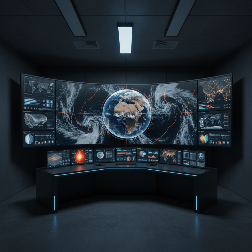 A photographic realism scene of a large, curved digital screen displaying a vibrant 3D Earth covered with animated weather systems, tectonic plate boundaries, and glowing city lights. The globe appears to float in a dark, minimalist control room with matte black surfaces and subtle blue LED accents along the desk edges. Multiple smaller, ultra-thin monitors show zoomed-in maps, cross-sections of Earth’s interior, and colorful geospatial dashboards. Cool, focused artificial lighting from overhead panels creates a dramatic yet clean atmosphere, with reflections on the glossy screen surfaces. Captured at eye level with the globe centered using rule-of-thirds framing, the mood is professional, high-tech, and immersive, highlighting the power of integrated geospatial information for education and exploration.