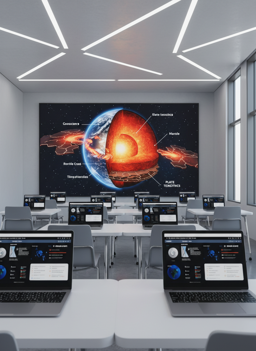 A minimalist, modern classroom environment with a large wall-mounted digital display showing a vivid 3D cutaway of Earth’s interior, complete with labeled layers, dynamic lava flows, and animated tectonic plates. In the foreground, sleek, empty desks hold open laptops displaying synchronized geoscience simulations and interactive quizzes. Cool, diffused overhead LED lighting creates an even illumination, while indirect window light adds soft highlights on metallic surfaces. Captured at eye level with a wide-angle lens, the composition leads the viewer’s eye from the laptops to the big display. The atmosphere is structured, professional, and forward-looking, emphasizing technology-enhanced learning in geosciences, rendered in crisp photographic realism with a clean, academic mood.