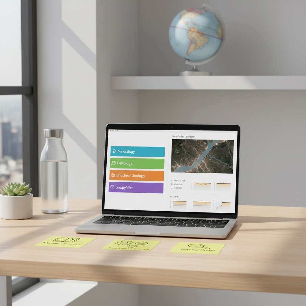 A bright, contemporary workspace with a slim laptop displaying a split screen: on one side a geoscience learning management system with colorful course modules, and on the other an interactive quiz featuring satellite images and geomorphological profiles. Beside the laptop, neatly aligned sticky notes show hand-drawn icons for flipped classroom, project-based learning, and inquiry cycles. A globe with clearly marked tectonic plates and fault lines sits slightly out of focus in the background on a white shelf. Natural daylight streams through a nearby window, casting soft, directional light and gentle shadows, enhancing the crispness of the screen graphics. Shot from a slightly elevated perspective, the composition is balanced and airy, with a professional, optimistic, and innovative mood in a realistic photographic style.