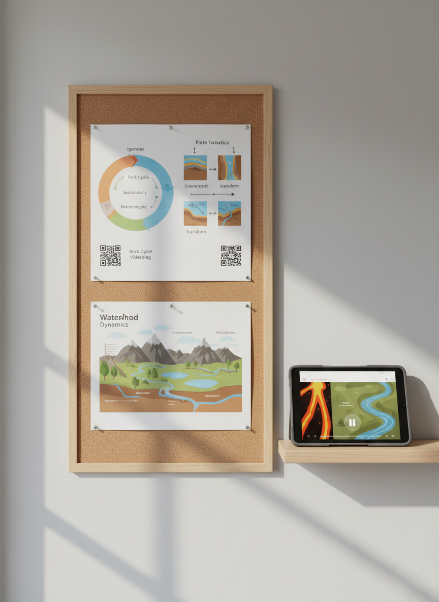A series of printed, full-color geoscience infographics are neatly pinned to a corkboard mounted on a light gray wall: diagrams of the rock cycle, plate boundaries, and watershed systems, each with QR codes linking to accompanying videoblogs. A tablet on a nearby narrow wooden shelf displays a paused educational video frame of dynamic lava flows and flowing rivers, though no human figures are visible. Soft, even daylight from a side window illuminates the textures of the paper, cork, and wood, casting gentle side shadows. Photographed straight-on with sharp focus across the entire scene, the composition feels organized, didactic, and visually engaging, highlighting the integration of analog visuals and digital media in geoscience education, in clean, realistic photographic style.