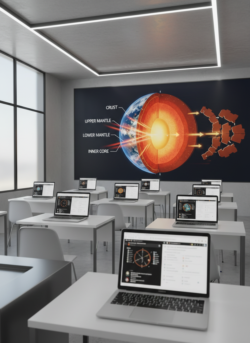 A minimalist, modern classroom environment with a large wall-mounted digital display showing a vivid 3D cutaway of Earth’s interior, complete with labeled layers, dynamic lava flows, and animated tectonic plates. In the foreground, sleek, empty desks hold open laptops displaying synchronized geoscience simulations and interactive quizzes. Cool, diffused overhead LED lighting creates an even illumination, while indirect window light adds soft highlights on metallic surfaces. Captured at eye level with a wide-angle lens, the composition leads the viewer’s eye from the laptops to the big display. The atmosphere is structured, professional, and forward-looking, emphasizing technology-enhanced learning in geosciences, rendered in crisp photographic realism with a clean, academic mood.