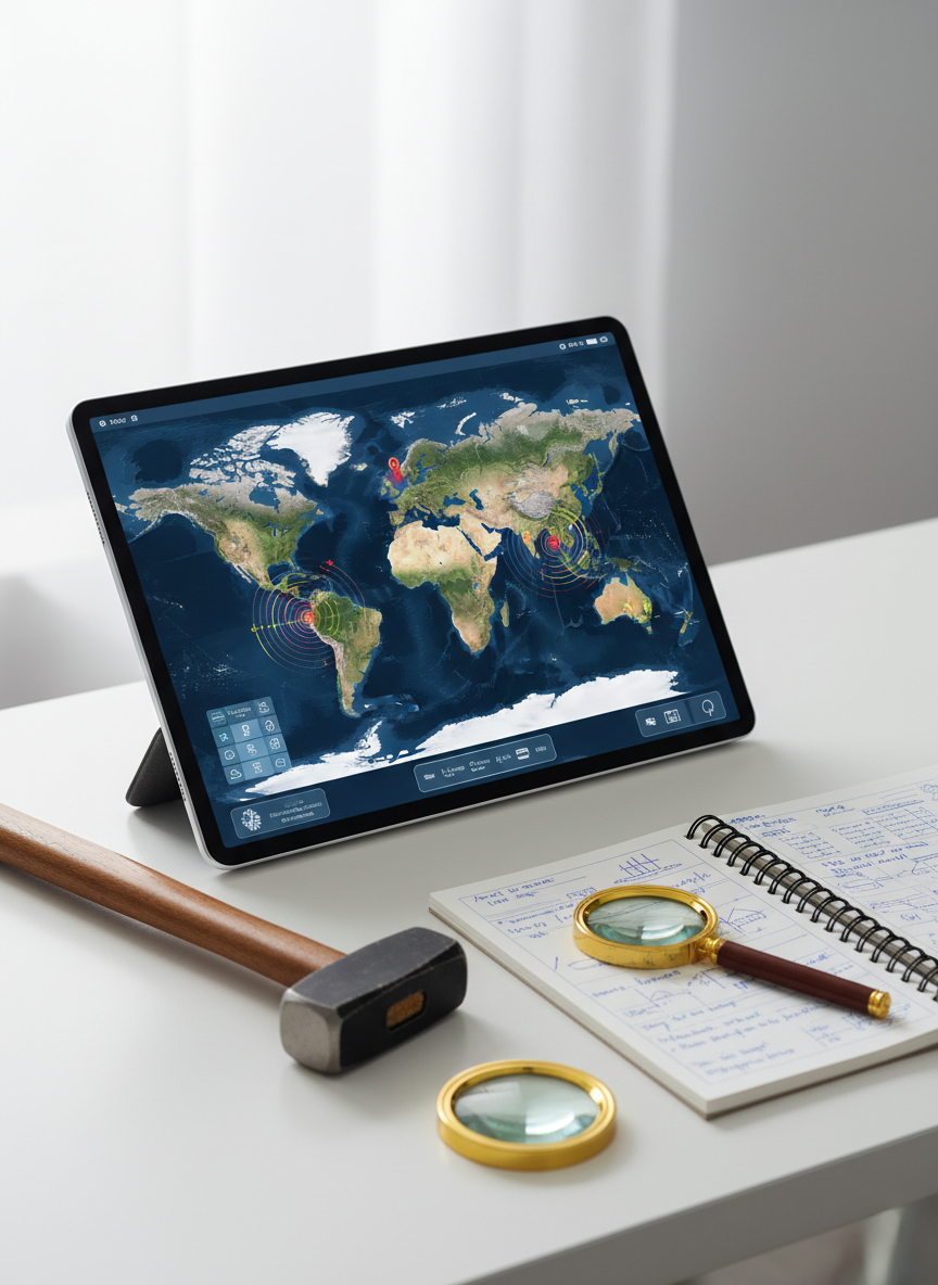 A large, high-resolution touchscreen tablet lies flat on a clean white desk, its screen displaying an interactive, full-color world map layered with topographic contours, satellite imagery, and animated seismic activity icons. Around the tablet, neatly arranged, are a geological hammer, a magnifying lens, and a notebook with precise stratigraphic sketches. Soft daylight from an unseen window washes across the surface, creating gentle reflections on the glass and subtle shadows from the tools. Photographed from a slightly elevated angle with a shallow depth of field, the focus rests on the intricate geoscience map interface. The mood is professional, exploratory, and intellectually engaging, with a photographic realism and clean, modern aesthetic that emphasizes digital innovation in geoscience education.
